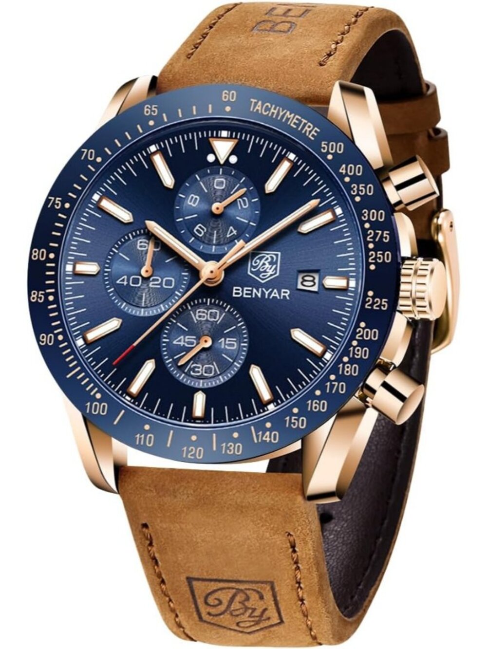 Men's Blue Gold Analog Brown Silicone Strap Chronograph Luminous Casual Watch
